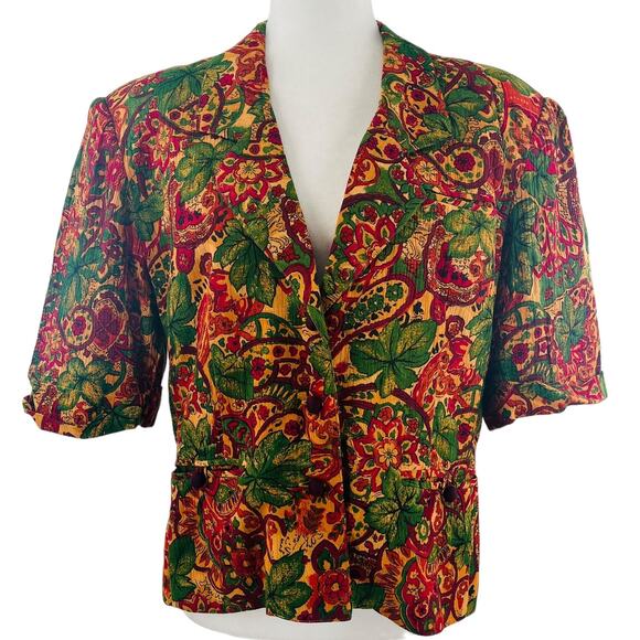 Vintage 80s SK & Co Red Green Gold Floral Short Sleeve Fall Blouse Jacket 12 - Picture 1 of 9
